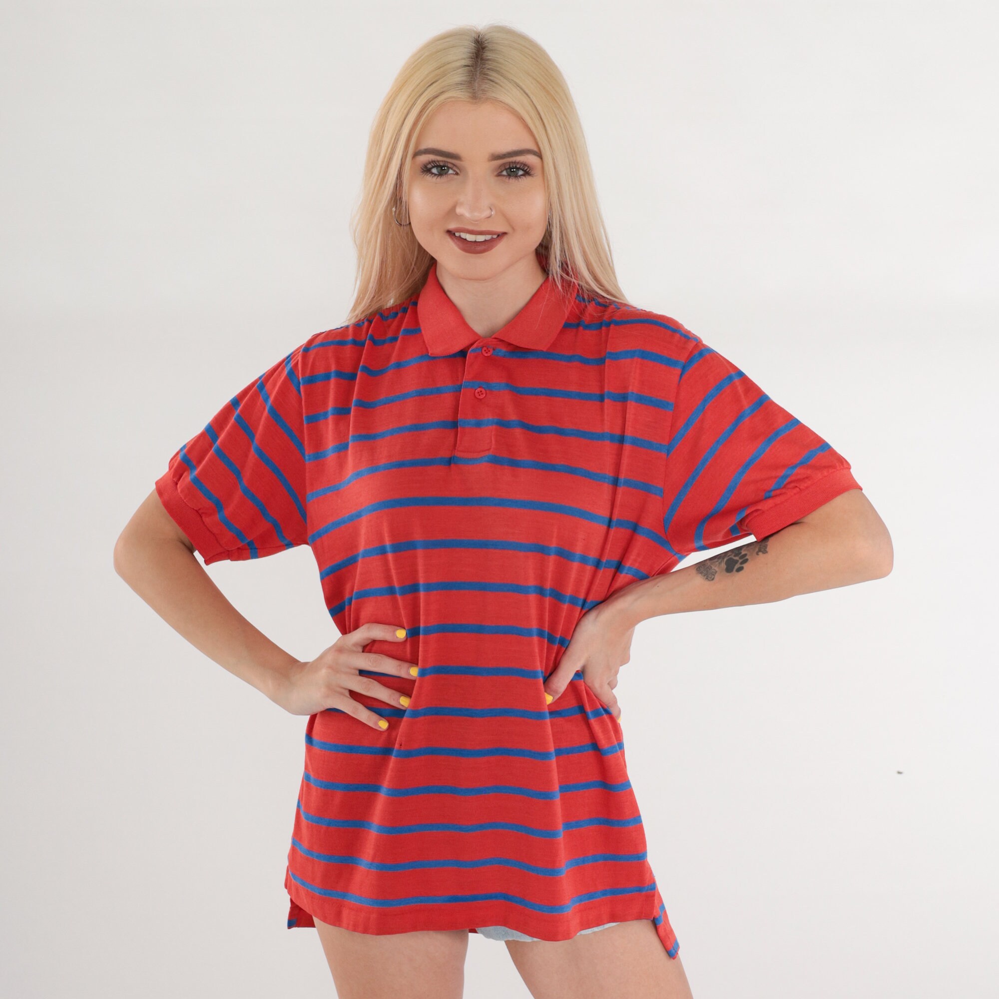 Striped Polo Shirt 80s Collared T-Shirt Red Blue Retro Half Button Up ...