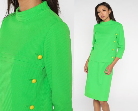 60s Two Piece Dress Suit Neon Lime Green Mod Outf… - image 1