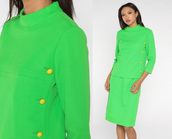 60s Two Piece Dress Suit Neon Lime Green Mod Outfit SKIRT + TOP 70s Vintage Jackie O Straight Pencil Skirt Mock Neck 3/4 Sleeve Shirt Small