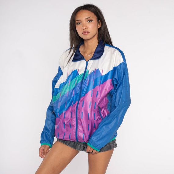 Cycling Jacket 90s Louis Garneau Windbreaker Retro Zip Up Bomber Jacket Blue Striped Color Block Cyclist Purple White Vintage 1990s Medium M