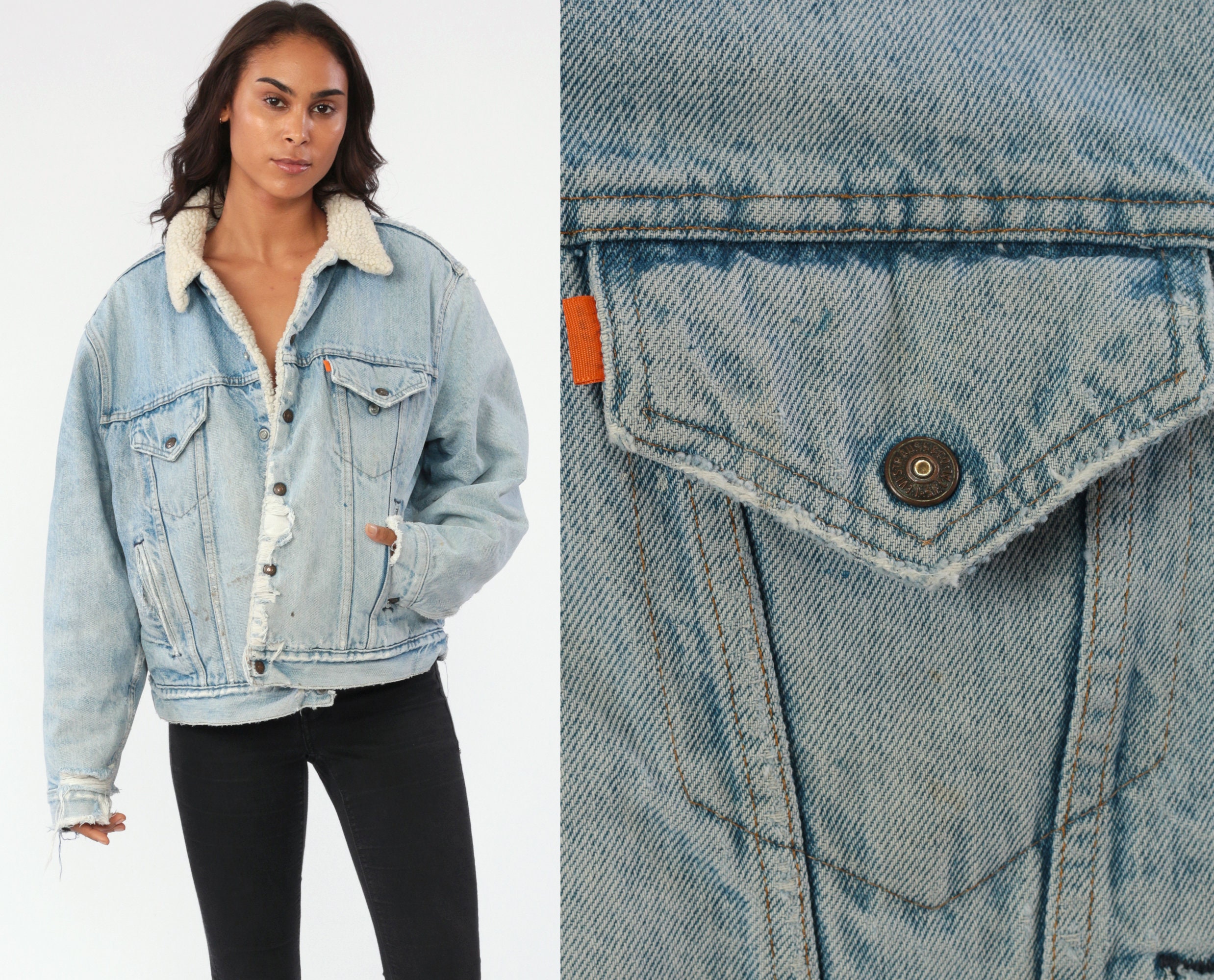 distressed shearling denim jacket