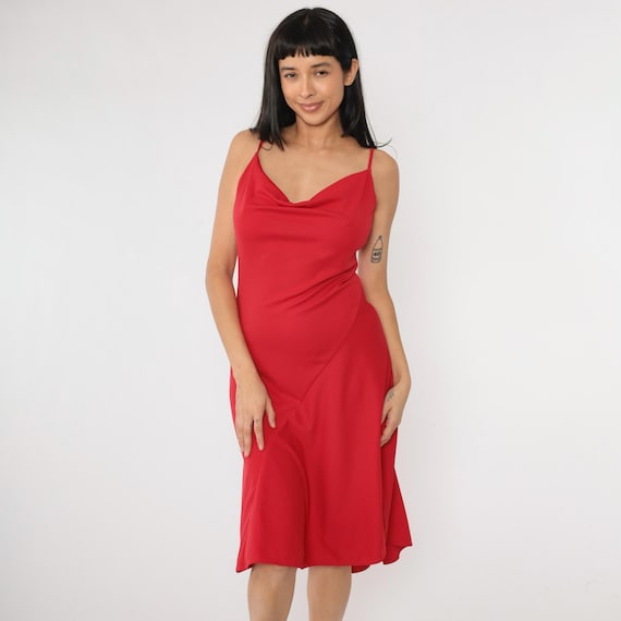 Y2K Party Dress Red Cowl Neck Sleeveless Spaghetti Strap Midi Cocktail Tight A-Line Fit and Flare Sexy Evening Vintage 00s Medium 10