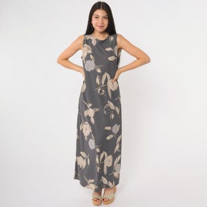 Grey 90s Floral Dress Minimalist Sleeveless Vintage Maxi Tank Column Shift Round Neck Grunge Simple Long Summer Sundress Medium M