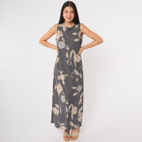 Grey 90s Floral Dress Minimalist Sleeveless Vintage Maxi Tank Column Shift Round Neck Grunge Simple Long Summer Sundress Medium M