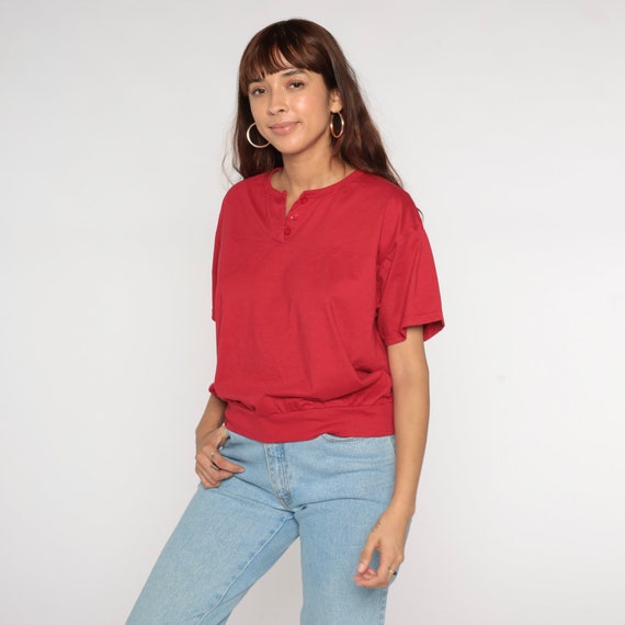 90s Henley Shirt Red Slouchy Shirt Short Sleeve Button Up Banded Hem Basic Slouch Solid Plain Tee Vintage 1990s Extra Large xl