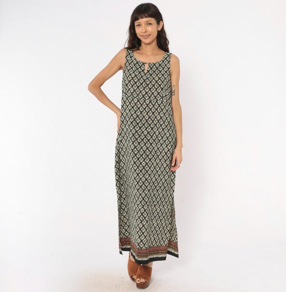 90s Diamond Print Maxi Dress Black Cream Sleeveless Keyhole Neckline Border Hem Summer Geometric Lattice Floral Bohemian Vintage Large L