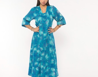 70s Psychedelic Floral Maxi Dress Blue Purple Teal Cotton Blend Square Neck Button Detail Three Quarter Sleeve A Line Vintage Gown Medium M