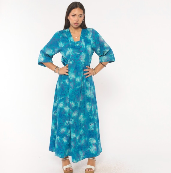 70s Psychedelic Floral Maxi Dress Blue Purple Teal Cotton Blend Square Neck Button Detail Three Quarter Sleeve A Line Vintage Gown Medium M