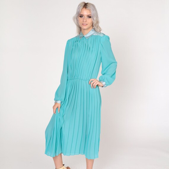 Aqua Blue Dress 70s Pleated Midi Dress Long Puff Sleeve Collared High Waisted Retro Secretary Dress Preppy Blouson Vintage 1970s Large L