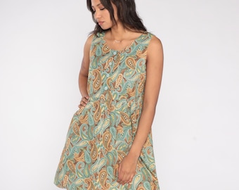 Paisley Mini Kleid 90er Jahre Braun Teal Gold Ärmellos Knopfleiste U-Ausschnitt Taille 60er Jahre Mod Inspiriert Print Metallic Faden Detail Medium M