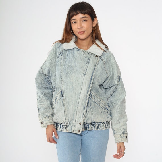 Denim Sherpa Jacket 80s Acid Wash Jean Jacket Shearling Denim Jacket Jean Fleece Trucker Oversize Biker Coat Light Blue 1980s Vintage Large