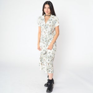 Floral Grunge Dress 90s Off-White Floral Dress Boho Midi Dress V Neck Collared 1990s Sheath Bohemian Bloom Print Light Short Sleeve Large image 3