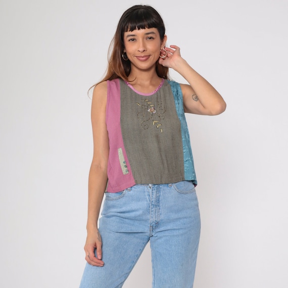 Floral Beaded Tank Top 90s Embroidered Shirt Mixed Media Embossed Floral Zig Zag Sleeveless Blouse Boho Top 1990s Summer Vintage Medium