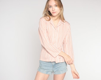 Vintage 70s Striped Blouse Pink White Button Up Top Retro Disco Shirt Long Sleeve Collared Pocket Shirt Preppy Basic Summer 1970s Large L