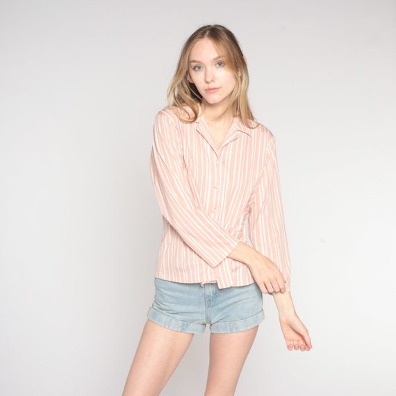 Vintage 70s Striped Blouse Pink White Button Up Top Retro Disco Shirt Long Sleeve Collared Pocket Shirt Preppy Basic Summer 1970s Large L