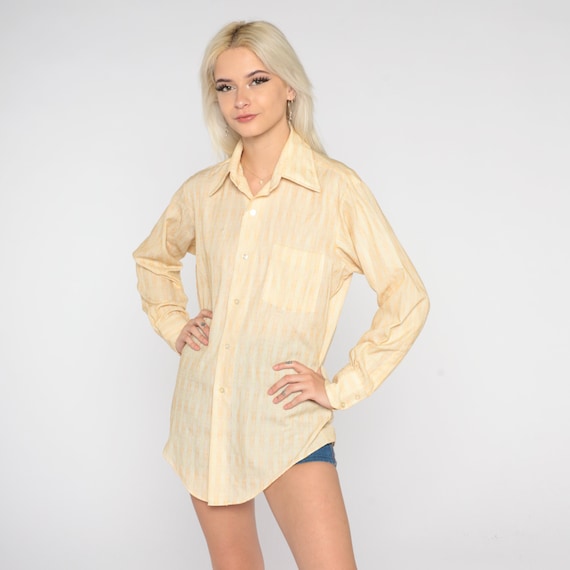70s Button Up Shirt Yellow Geometric Striped Disco Top Retro Pointed Collar Groovy Boho Seventies Long Sleeve Vintage 1970s Medium 15 32