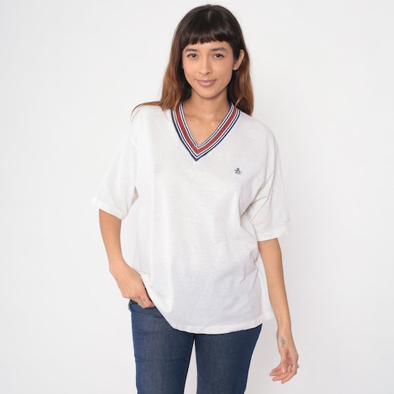 80s Munsingwear Shirt White Ringer Tee Shirt Vintage Grand Slam Penguin Tennis T Shirt 1980s Plain Tshirt V Neck Shirt Extra Large xl