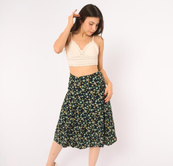 60s Ditsy Floral Skirt Navy Blue A Line Linen Blend Yellow Teal Flower Flared High Waist Cottagecore Prairie Mod Academia Vintage Small S