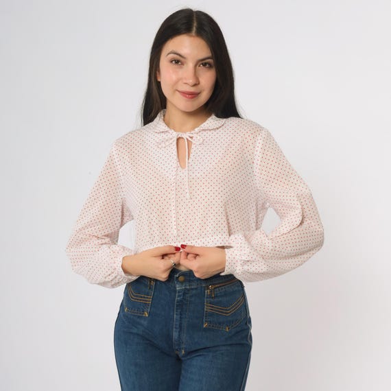 Cropped Polka Dot Blouse White Red Dots 80s Vintage Long Sleeve Tie Neck Peter Pan Collar Romantic Preppy Academic Secretary 70s Medium M 14