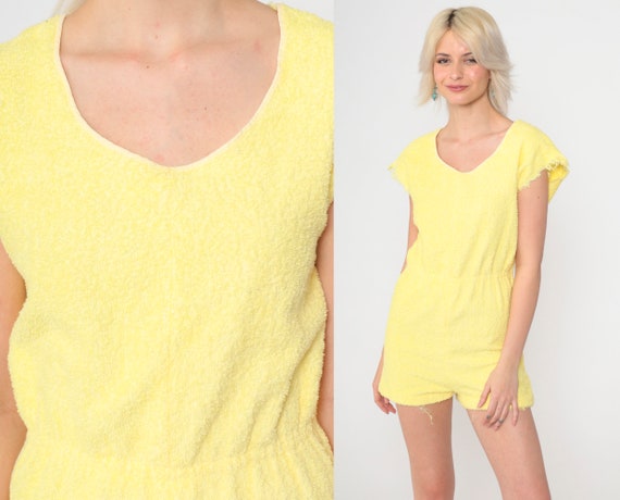 Yellow Terry Cloth Romper 80s Summer Romper Shorts Frayed Edge Elastic Waist Roller Girl 1980s One Piece Vintage Extra Small Xs S 2 4 Etsy