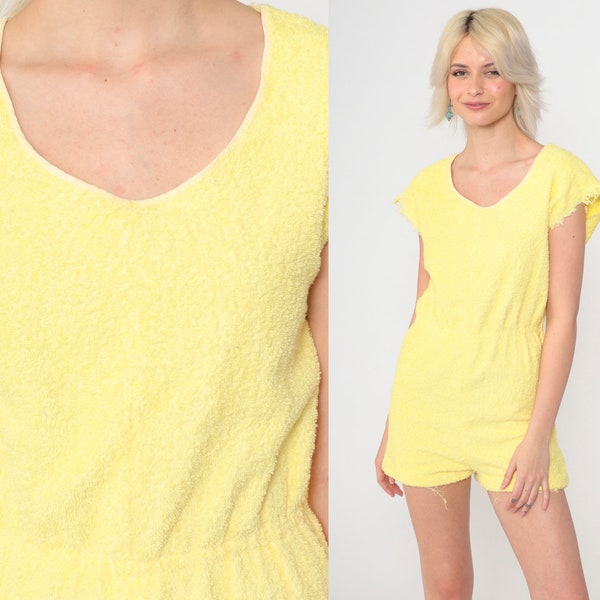 Yellow Terry Cloth Romper 80s Summer Romper Shorts Frayed Edge Elastic Waist Roller Girl 1980s One Piece Vintage Extra Small xs s 2/4