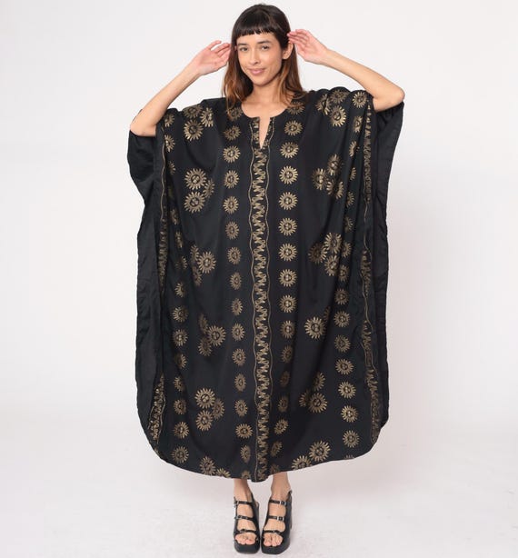 Y2K Celestial Caftan Black Sun Print Gold Front V Neck Wide Sleeve Kimono Lounge House Dress Goth Witchy Spiritual Mystical Vintage One Size