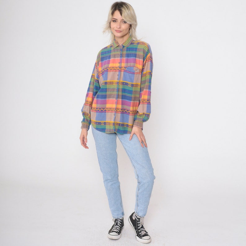 Geometric Checkered Shirt 80s 90s Southwestern Plaid Button Up Blouse Zig Zag Chevron Collared Vintage Long Sleeve Blue Pink Taupe Large image 3