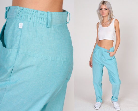 Bright Blue Pants 80s Tapered Trousers High Waisted Rise Slacks Retro Preppy Simple Basic Plain Aqua Vintage 1980s Small Medium