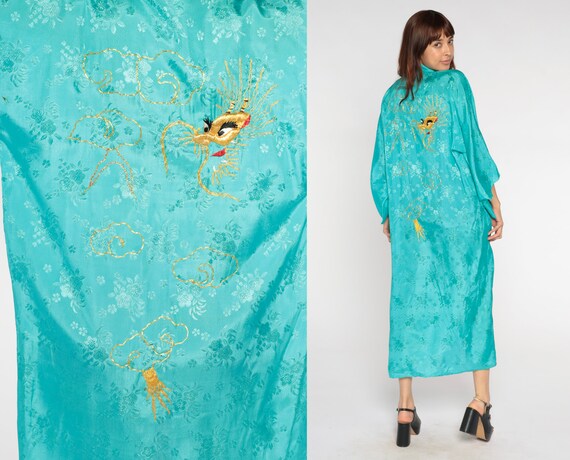 80s Dragon Kimono Long Turquoise Robe Jacket Floral Embossed Embroidered Open Front Asian Boho Maxi Japanese House Coat Vintage 1980s Small