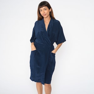 Navy Silk Dress 90s Wrap Dress Midi Dress Surplice V Neck Sheath High Waist Short Sleeve Blouson Draped Plain Retro Chic Vintage 1990s Small