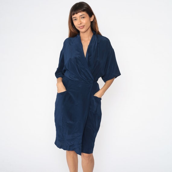 Navy Silk Dress 90s Wrap Dress Midi Dress Surplice V Neck Sheath High Waist Short Sleeve Blouson Draped Plain Retro Chic Vintage 1990s Small
