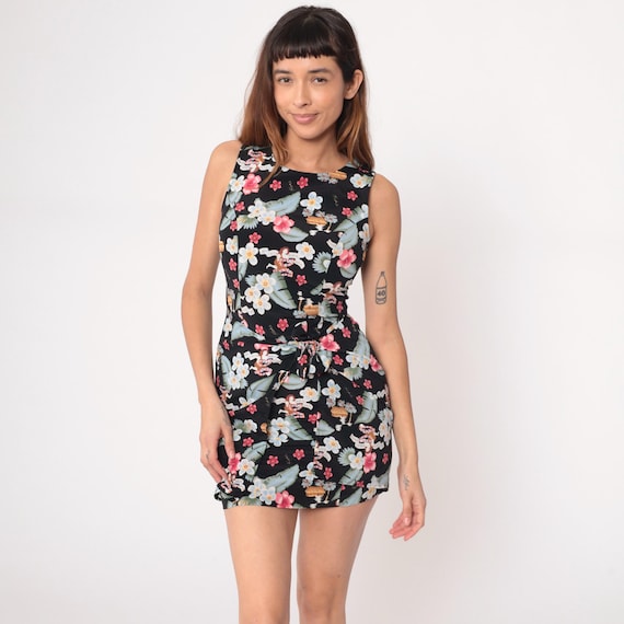 Floral Mini Dress 90s Hawaiian Waikiki  Black Floral Tropical Print Palm Leaf Hibiscus Tank Dress Club Going Out Summer Party Vintage Small