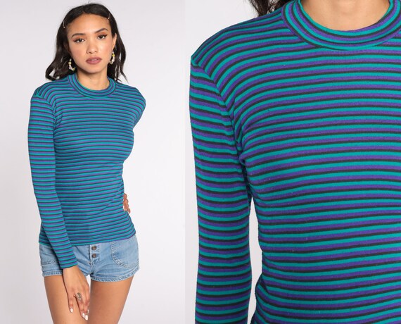 80s Turquoise Striped Shirt Blue Purple 