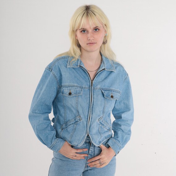 Cropped Jean Jacket 90s Denim Jacket Blue Biker Trucker Crop Coat Zip Up Hipster Retro Streetwear Basic Plain Vintage 1990s Liz Wear Medium