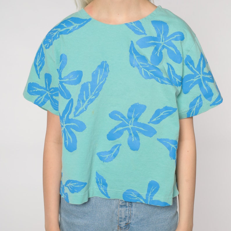 Tropical Floral Shirt 90s Flower Leaf Print T Shirt Green Blue Tee 80s Short Sleeve Boxy TShirt Hippie Shirt 1990s Vintage Retro Medium M image 6