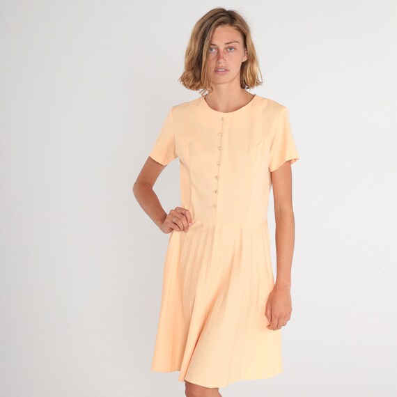 Peach Dress 70s Pleated Day Dress Button Up Short… - image 4