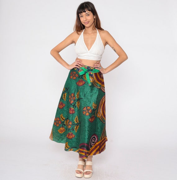 Reversible Wrap Skirt Y2K Hippie Boho Skirt Green Indian Floral Paisley Print Midi Skirt Flowy Layered Summer Vintage 00s Small Medium Large