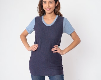 70s Ringer Tee Blue Waffle Knit Shirt Short Cuffed Sleeve Scoop Neck Top Basic Plain Color Block Casual Retro Raw Hem Vintage 1970s Small S