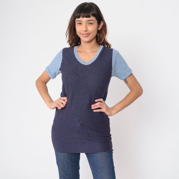 70s Ringer Tee Blue Waffle Knit Shirt Short Cuffed Sleeve Scoop Neck Top Basic Plain Color Block Casual Retro Raw Hem Vintage 1970s Small S