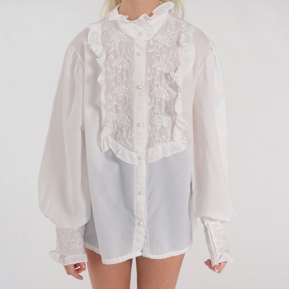 Victorian Blouse 70s Semi-Sheer White Button Up T… - image 7