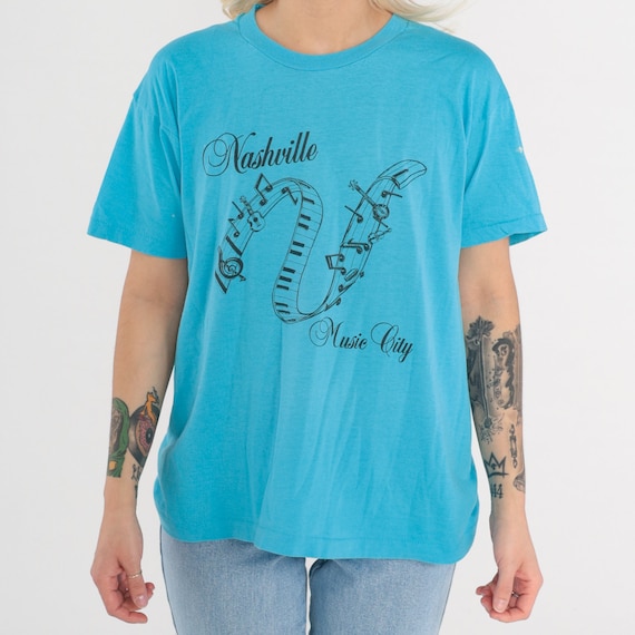 Vintage Nashville T-Shirt 90s Tennessee Shirt Music City Graphic Tee Country TShirt Single Stitch Blue 1990s Screen Stars Medium Large