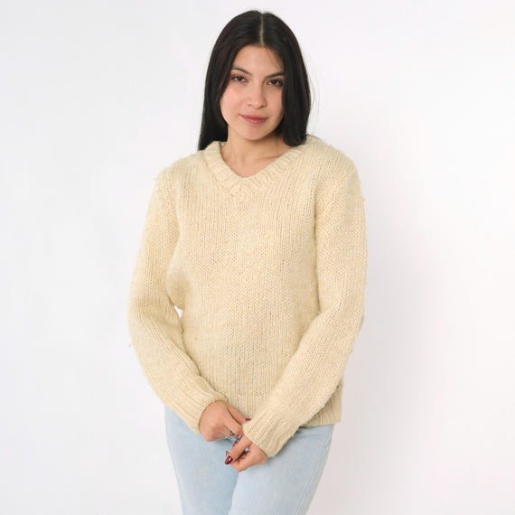 Vintage Cream Slub Knit Sweater 80s V Neck Knit Pullover Sweater Slouchy Plain Basic Simple Knitwear 1980s Medium M