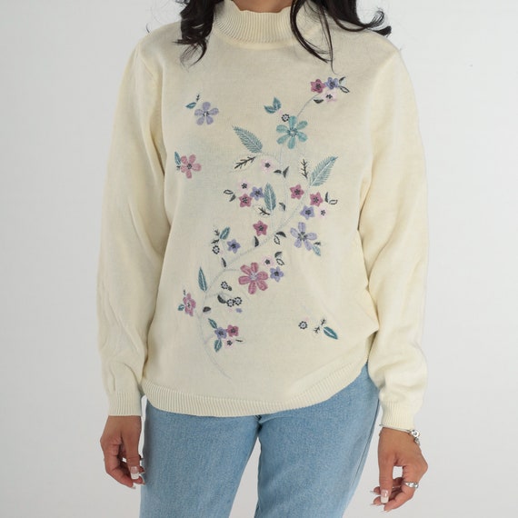 Cream Floral Sweater Y2K Knit Pullover Mock Neck … - image 7