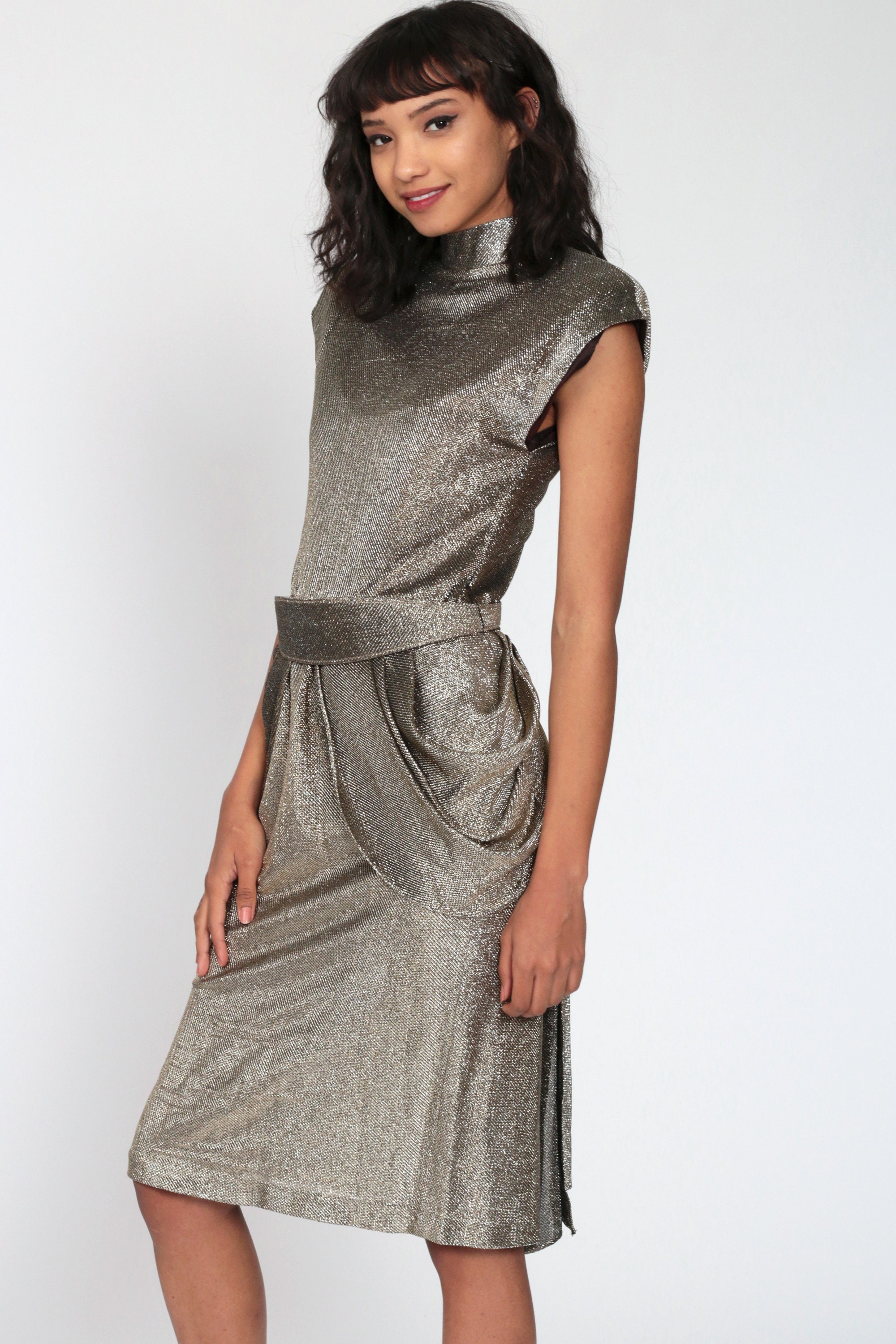 80s Peplum Dress Metallic Party Dress Silver Gold Pencil Cocktail WIGGLE 1980s Midi Dress 