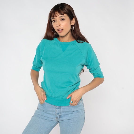 Teal Raglan Sweatshirt 80s 1/2 Sleeve Crewneck Sweatshirt Plain Pullover Sweater Basic Streetwear Minimalist Green Vintage 90s Medium M