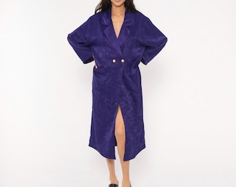 90s Purple Jacquard Robe Victoria's Secret Double Breasted Duster Coat Violet Floral Satin Lapel Pearl Patch Pocket Plum Loungewear Small S