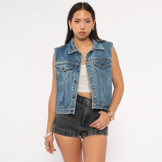 90s Denim Vest Greatland Sleeveless Jean Jacket Trucker Style Cotton Blue Wash Grunge Layering Waistcoat Crop Collar Pocket Western Medium M