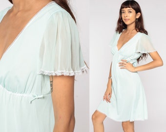 Babydoll Nightgown Pastel Mint Lingerie Slip Dress 70s Mini Boho Sheer Nightgown FLUTTER SLEEVE Sexy Pajama Vintage Medium