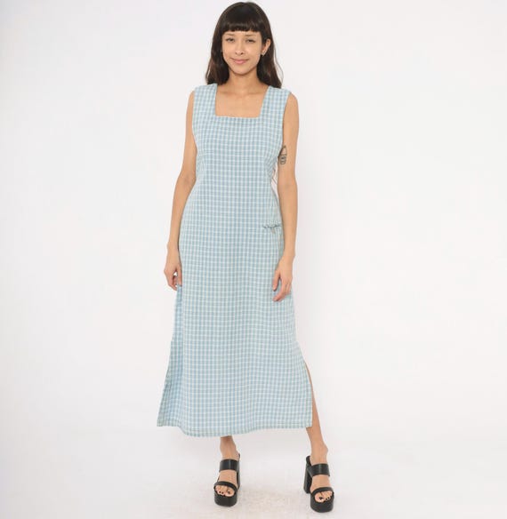 90s Gingham Sundress Plaid Maxi Dress Blue White Sleeveless Cotton Tie Waist Prairie Cottagecore Summer Spring Beach Americana Small S