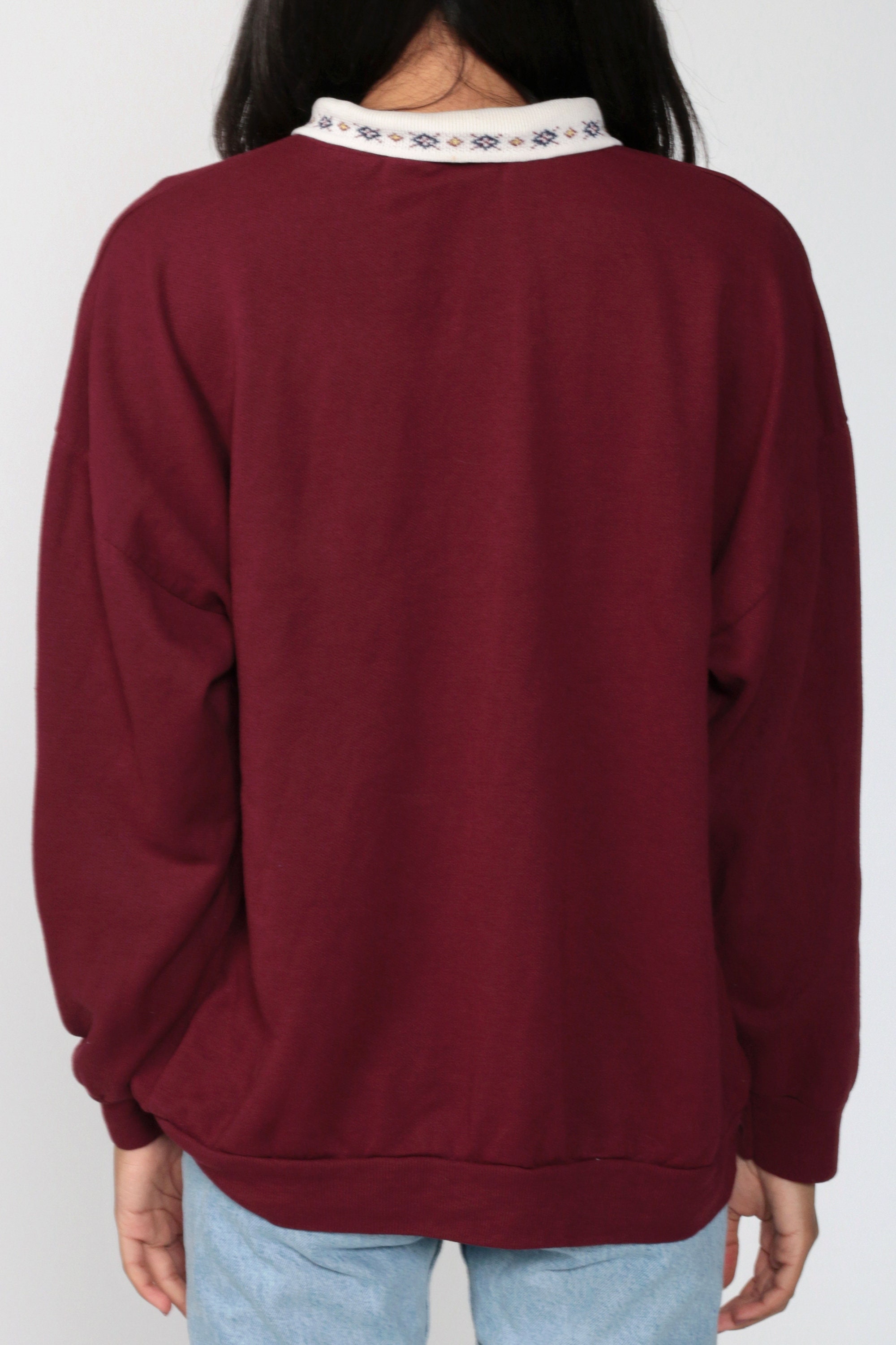 Teddy Bear Sweatshirt 90s Collared Sweatshirt Cute Animal Sweater Burgundy Graphic Kawaii 